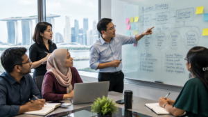 Singapore SME leadership team reviewing an annual business planning framework on a whiteboard with the Marina Bay skyline in the background
