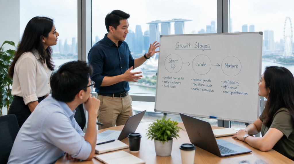 Asian business leadership team discussing a growth-stage strategy framework on a whiteboard in a Singapore office
