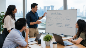 Asian business leadership team discussing a growth-stage strategy framework on a whiteboard in a Singapore office
