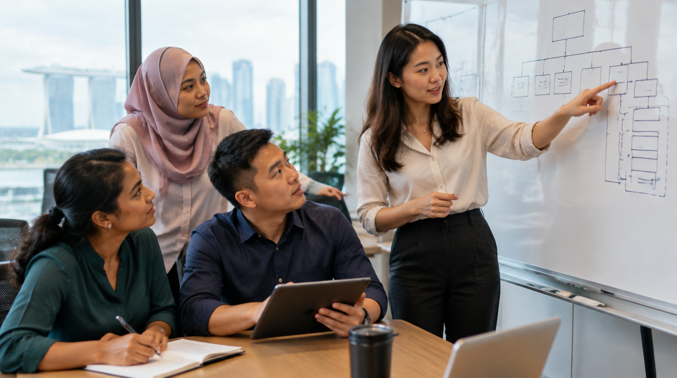 Asian business leadership team reviewing an organisational restructuring plan on a whiteboard in a Singapore office