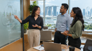 Asian business leadership team discussing a strategic partnership growth framework on a whiteboard in a Singapore office