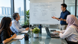 Asian business leadership team discussing succession planning in a Singapore office