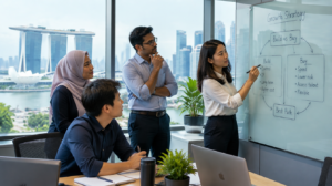 Singapore business leaders comparing organic growth and acquisition strategies in a workshop