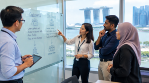 Singapore business leadership team weighing an outsourcing versus in-house decision around a glass whiteboard