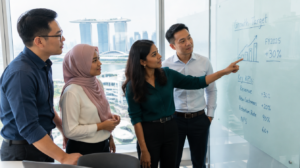 Singapore SME leadership team reviewing growth targets and KPIs on a whiteboard